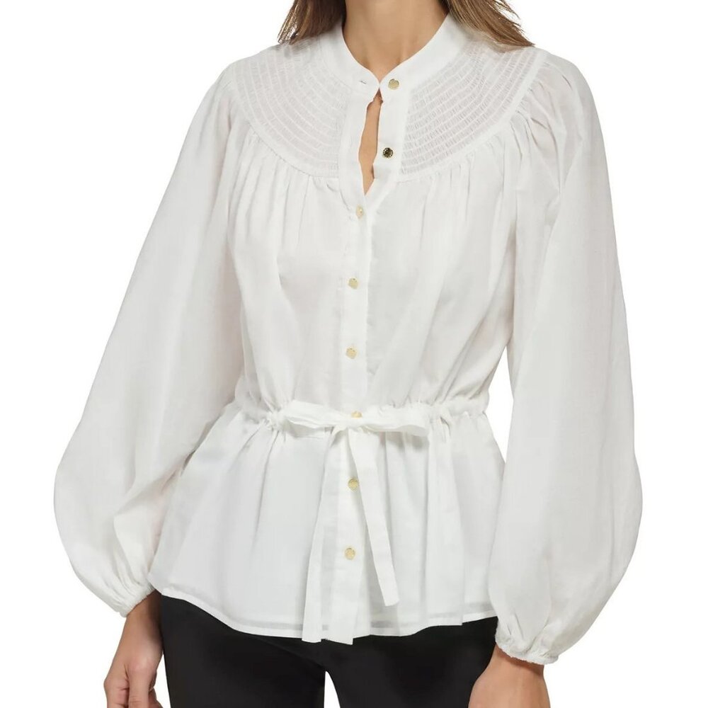 NWOT DKNY Women's Long Balloon Sleeve Smocked Yoke Tie-Waist Top, white, XL